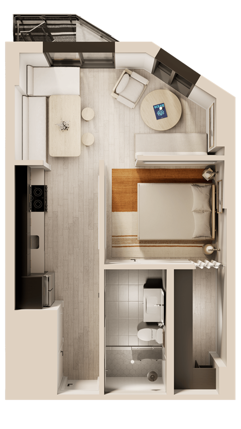 A top-down view of a small, neatly organized apartment with a kitchen, living room, and bathroom.